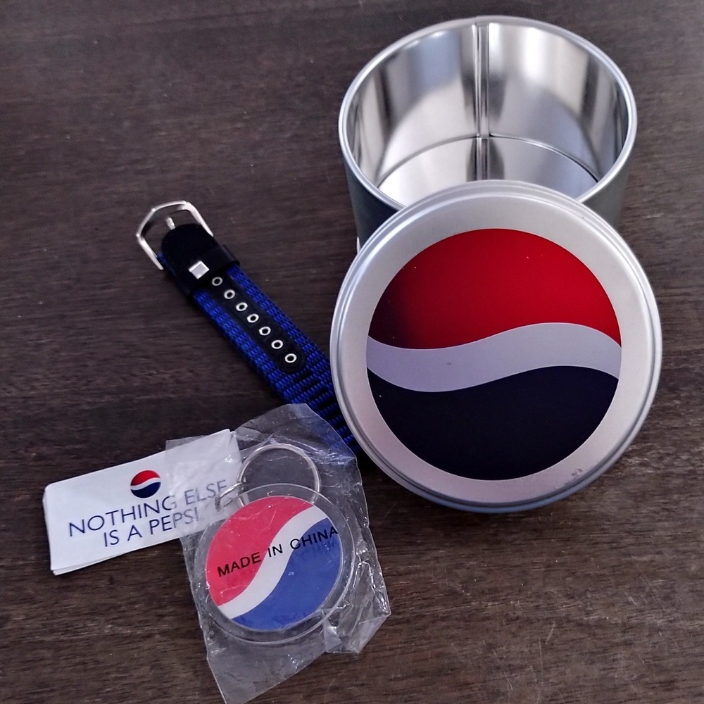 Vintage Pepsi Collectible Set Metal Tin Keychain and Blue Watch Strap Logo